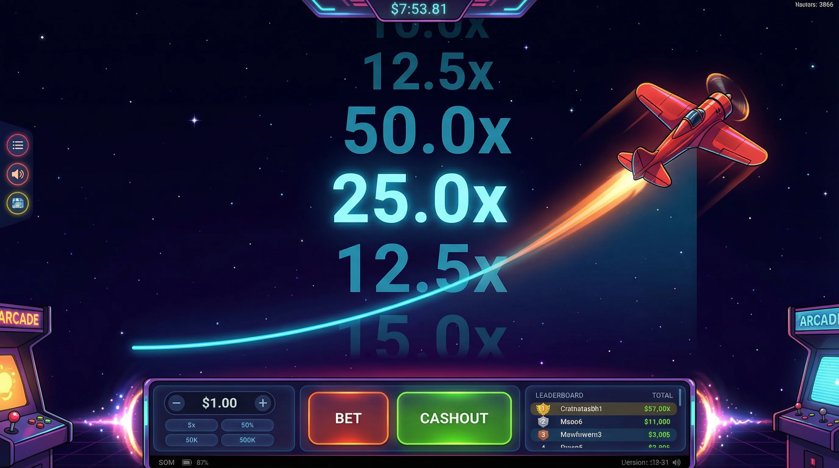 Juego Aviator con avión despegando y multiplicadores crecientes