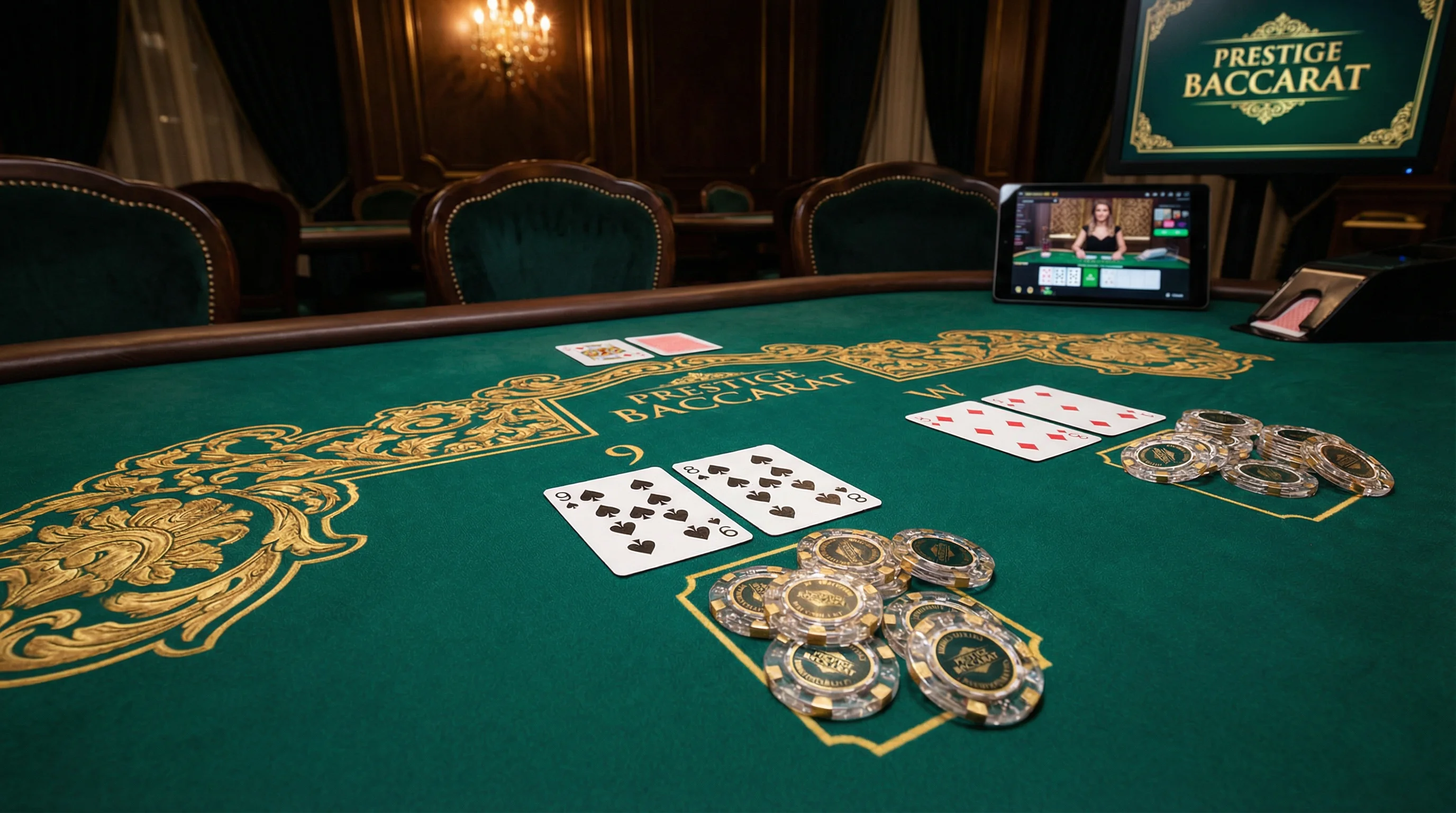Mesa de bacará elegante con cartas y fichas de casino