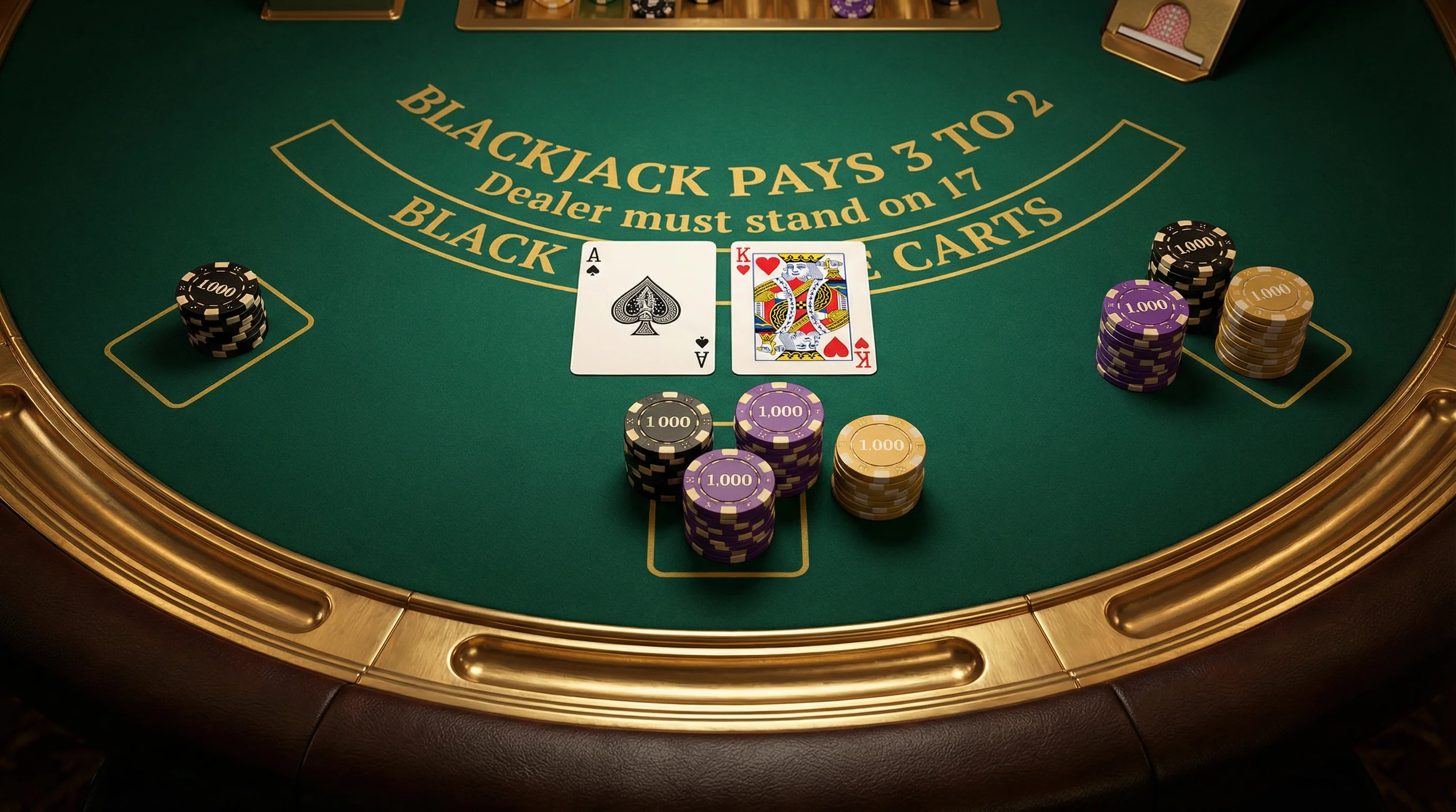 Mesa de blackjack profesional con cartas y fichas